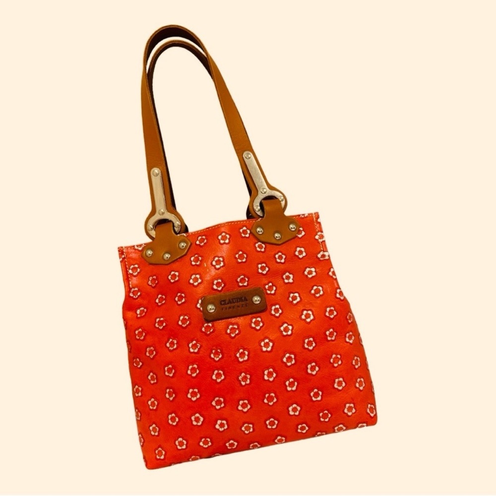 Claudia Firenze Red Leather Tote Bag‎ with Brown Leather Handles